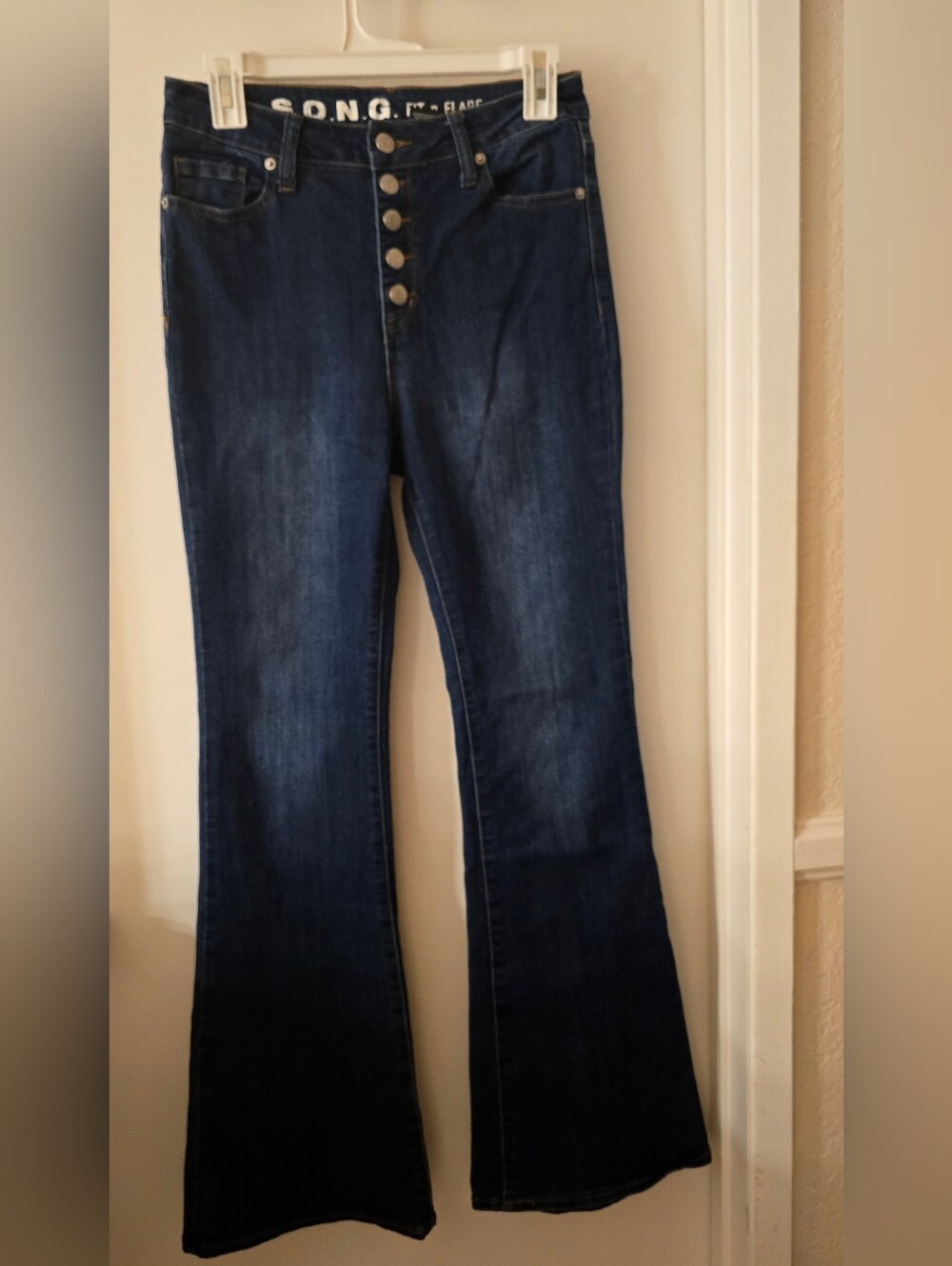 S.O.N.G. Dark Indigo High-Rise Flare Jeans with Button Fly